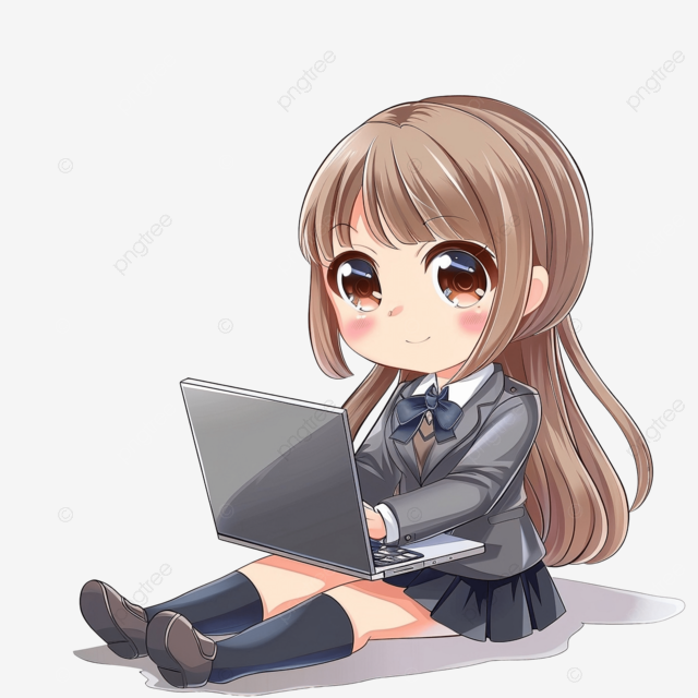 Cute Chibi Girl Student In School Uniform While Attending Online Class With Laptop, Chibi, Cute, Girl PNG Transparent Image and Clipart for Free Download